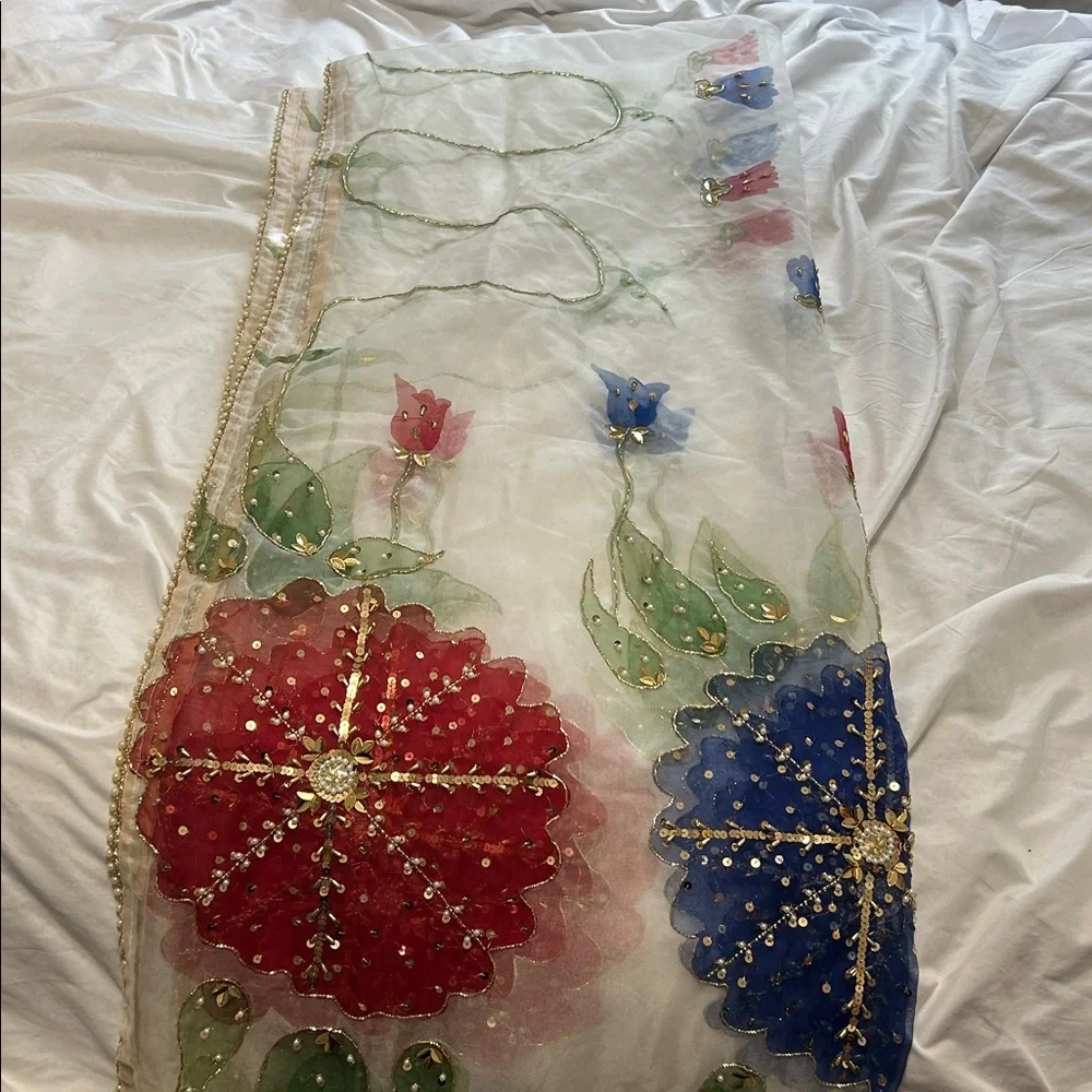Organza Duppatta stole white painted floral full size. Pearl sequins work. NWOT - Picture 3 of 13